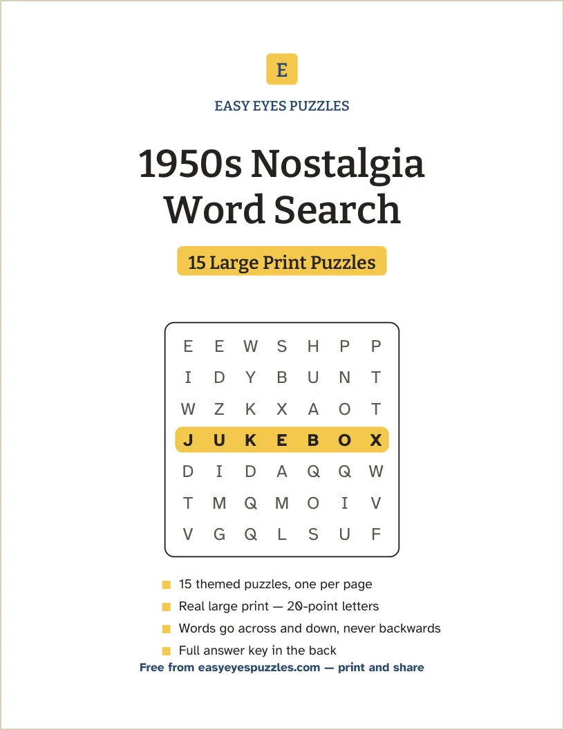 Cover of the 1950s Nostalgia Word Search pack — 15 large print puzzles