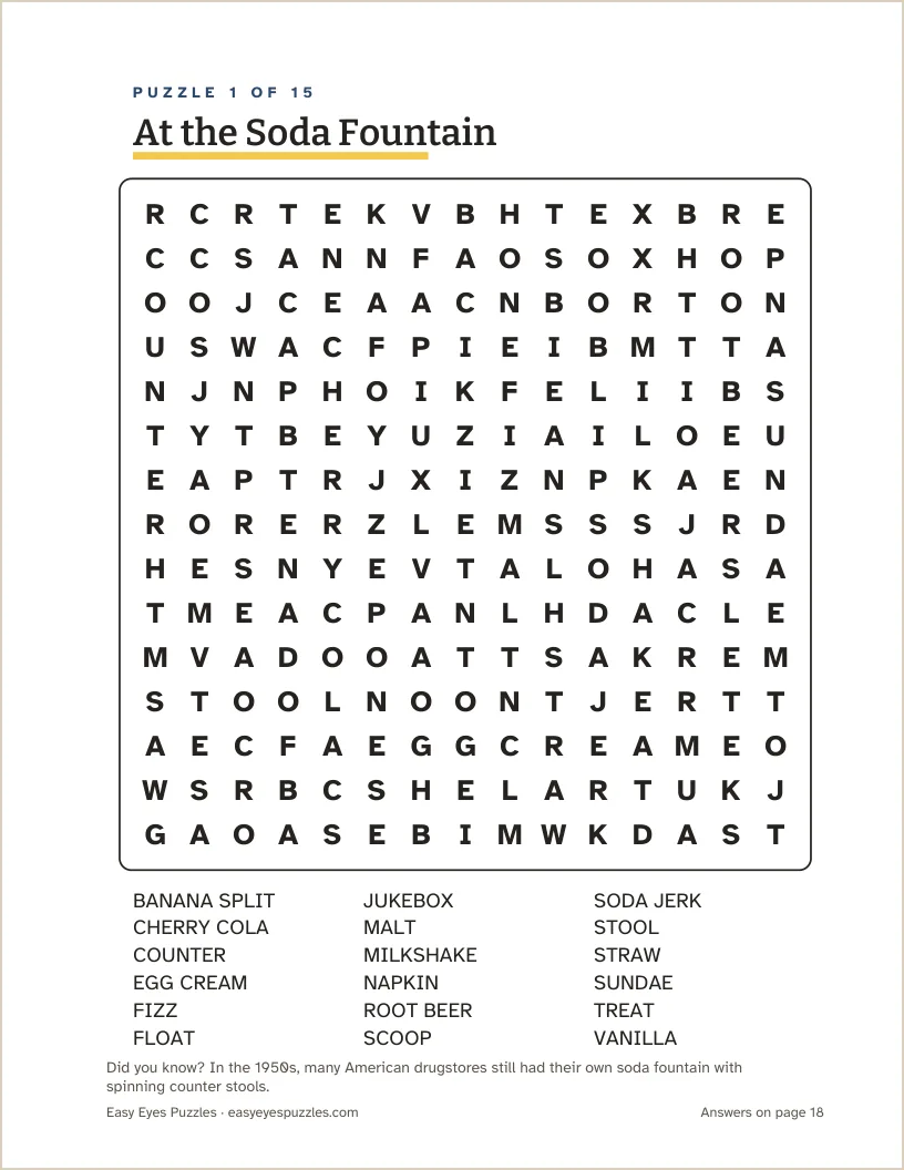 A puzzle page from the 1950s pack: At the Soda Fountain, a 15 by 15 grid of big 20-point letters, the word list, and a Did you know? fact