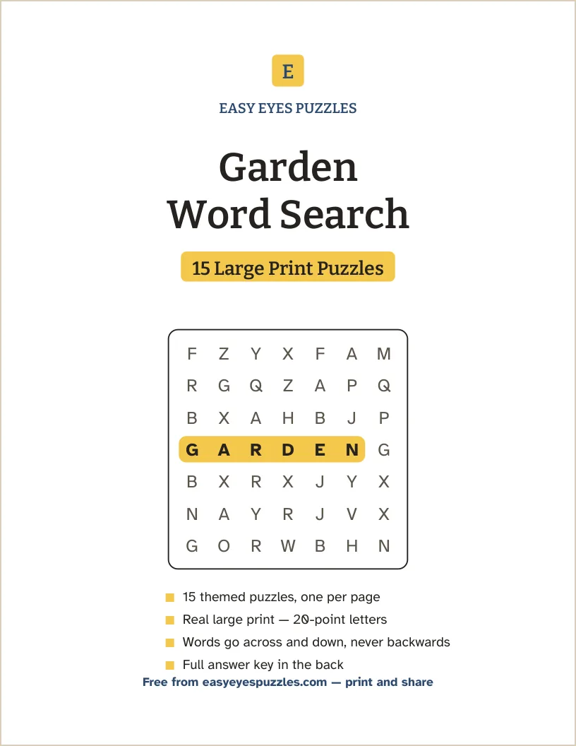 Cover of the Garden Word Search pack — 15 large print puzzles