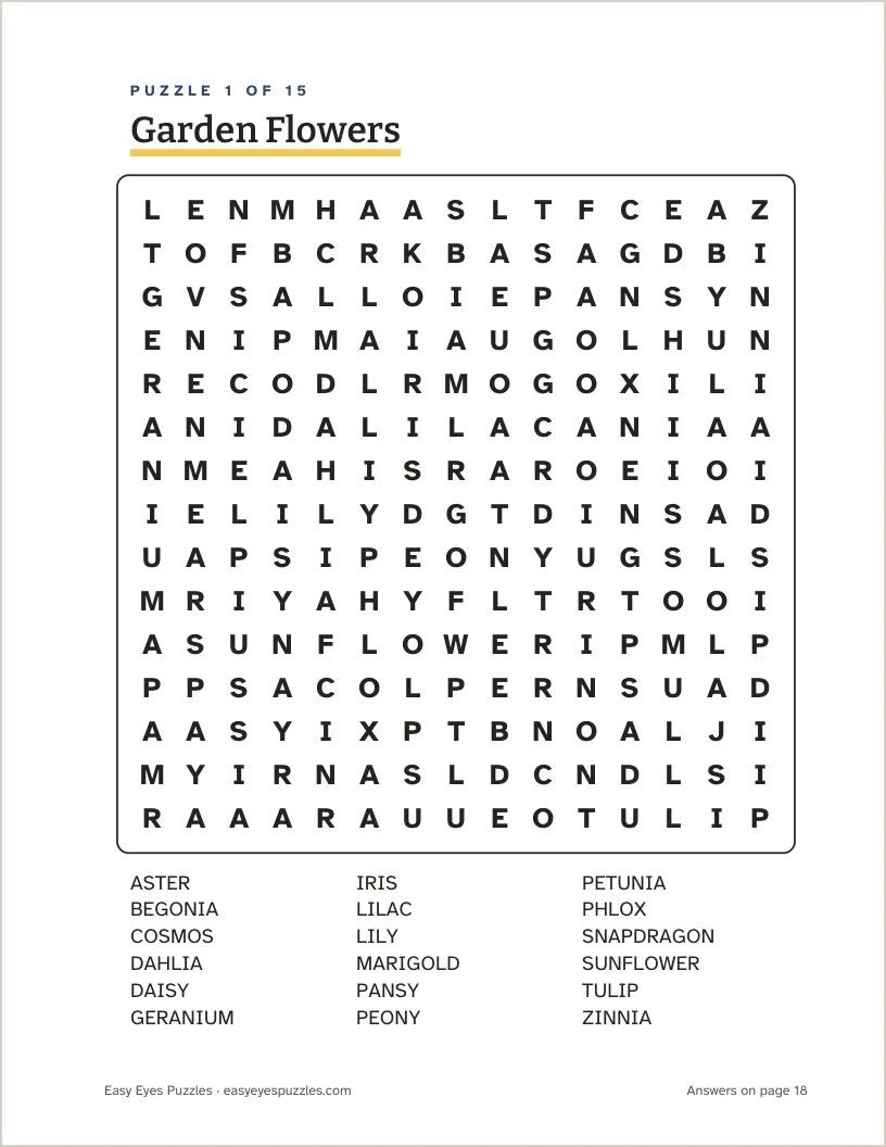 Printed large print word search page with a 15 by 15 grid of big letters, from the Garden pack